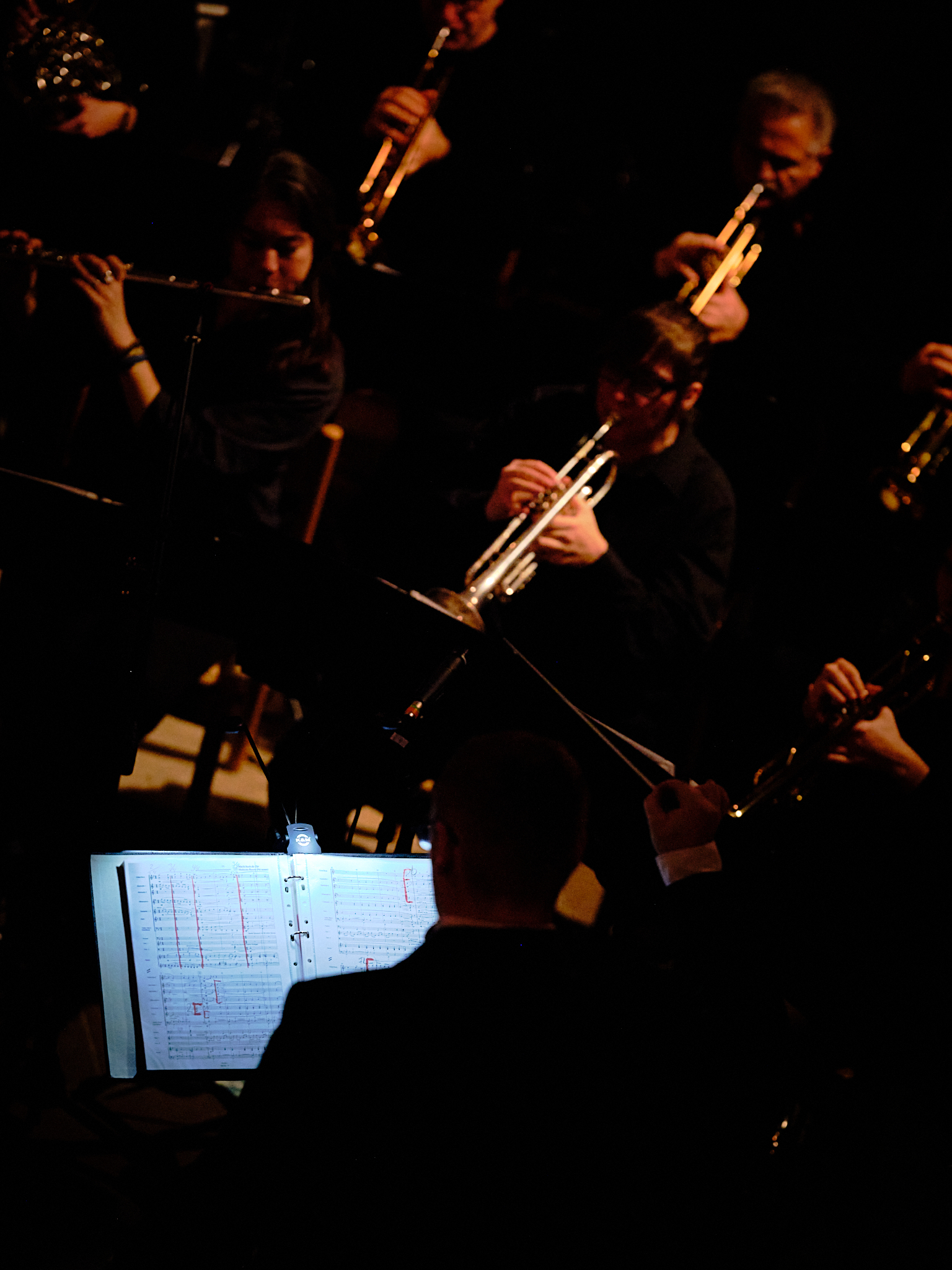 Im Konzert, mehrere Musiker, ein Dirgent. Es ist sehr dunkel, nur die Trompeten leuchten